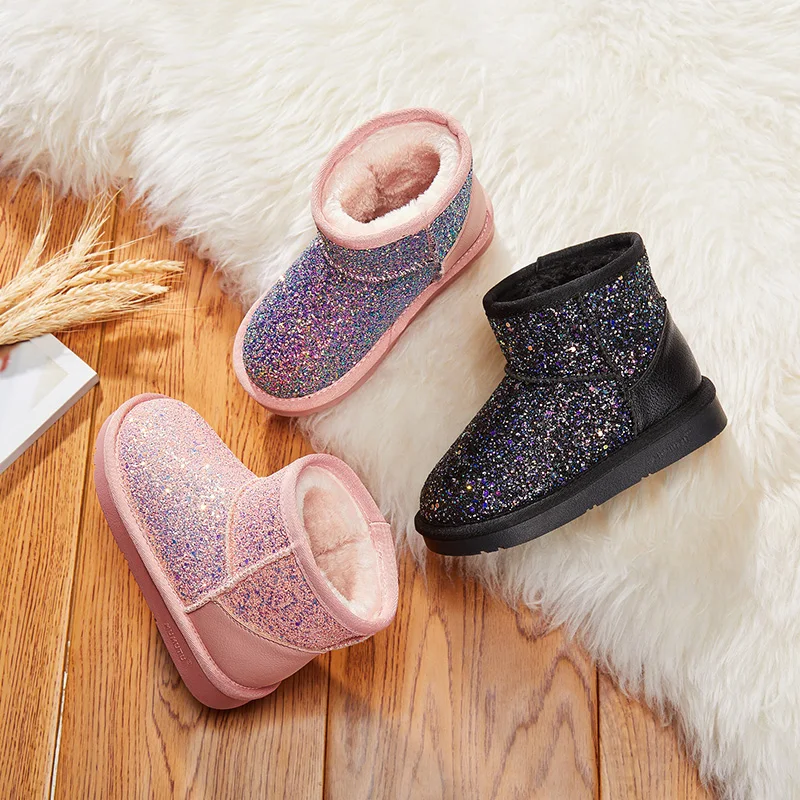 
wholesale winter children bling paillette boa shoes girls little kids shiny mid-calf snow boots 