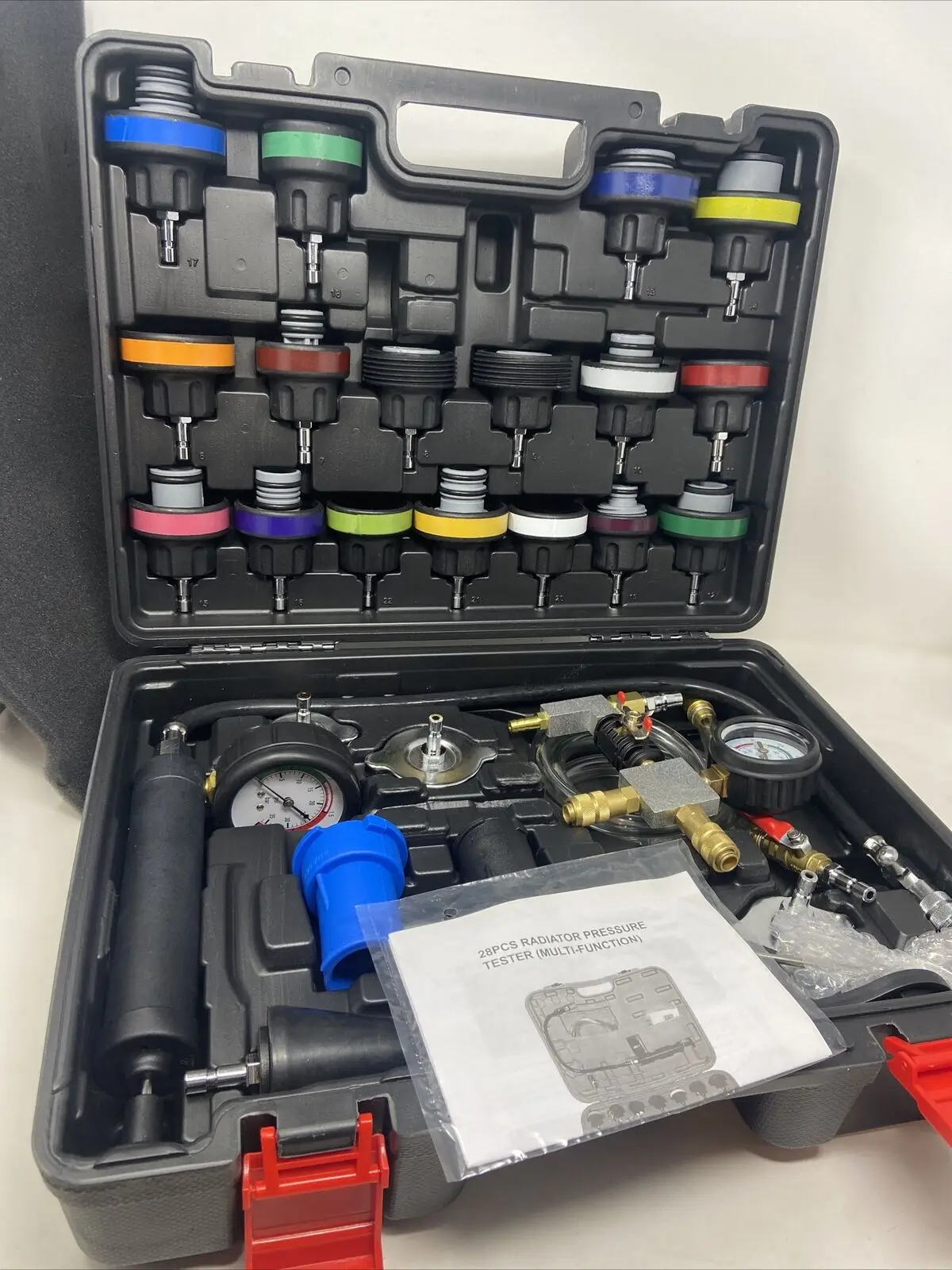28-Piece Universal Radiator Pressure Tester Kit Automotive Cooling System Refill Kit Leak Detection Tool