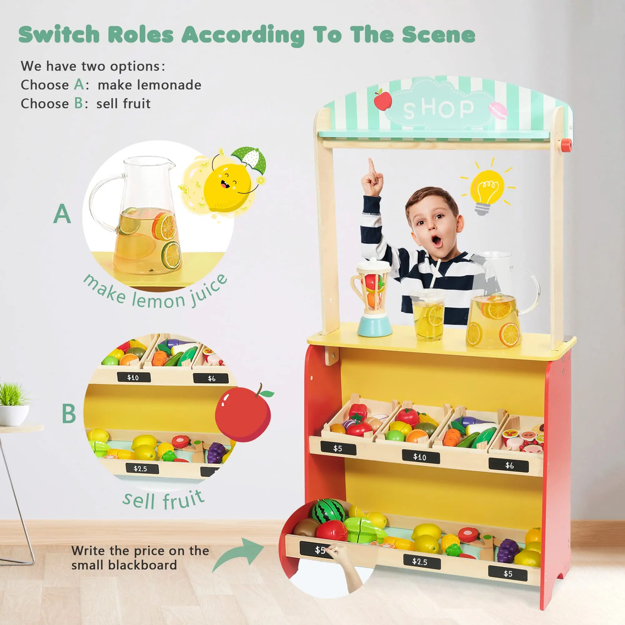 New Design Double-sided Puppet Stage With Chalkboard role Play Fruit Display Shop Kids Wooden Pretend