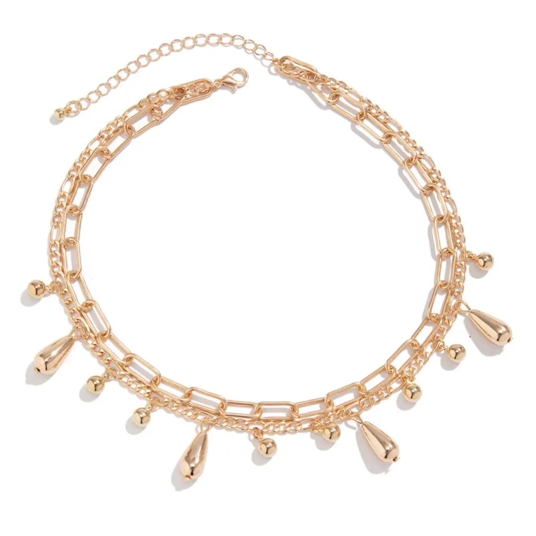 Custom hip hop gold plated beads water drop pendant choker necklace and bracelet set for women gift