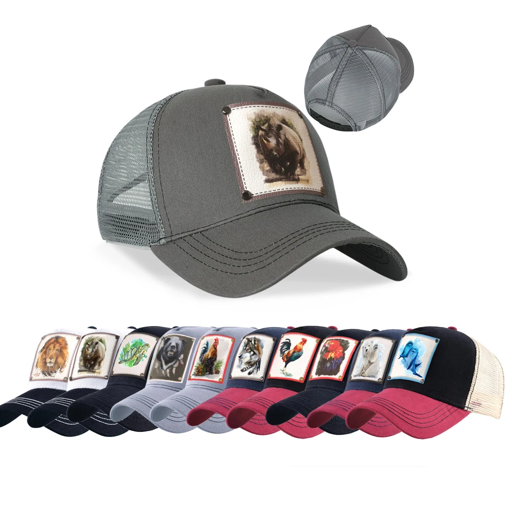 Breathable Mesh Visor Bones Animals Embroidery Baseball Caps Custom Leather Patches For Men Snapback Trucker Hats Caps