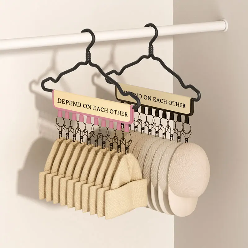 Multifunctional Foldable Hat Hanger with Fabric Cap & Towel Holders Stainless Steel Clips Clothes Storage Wardrobe Organization