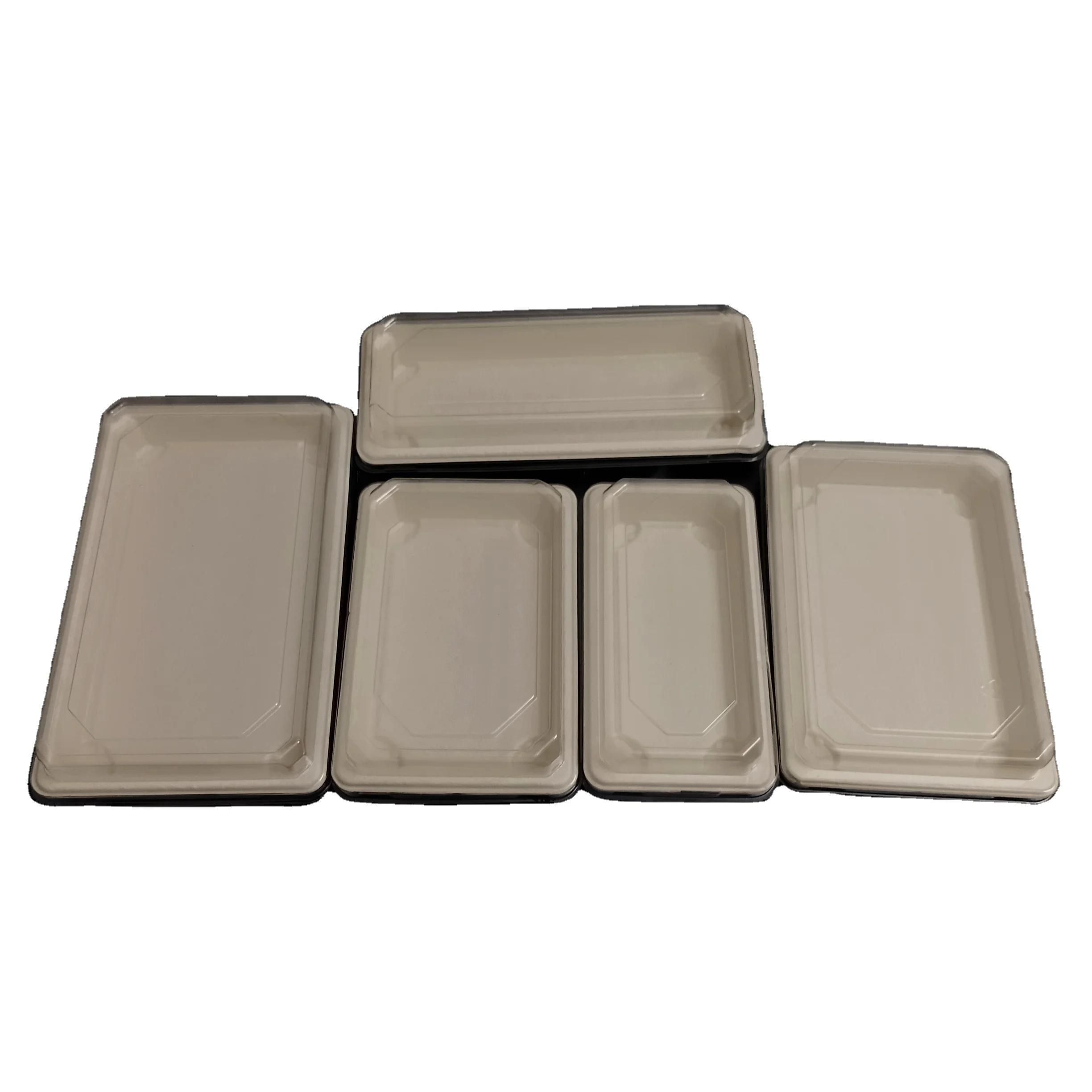 Biodegradable sugarcane bagasse sushi tray with pla lid restaurant to go takeout sushi container