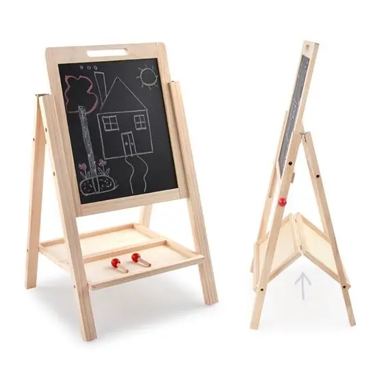 Double-Sided Dry Erase Wooden Blackboard Easel with Trays for Classroom or Office Use