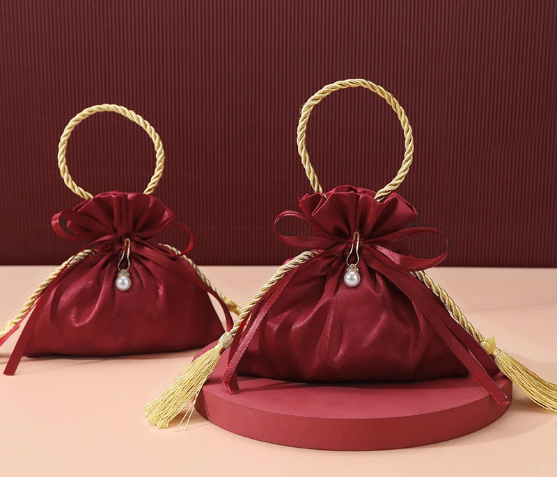 Wholesale Small Drawstring dark red Silk Satin Jewelry Pouch Bag for candy