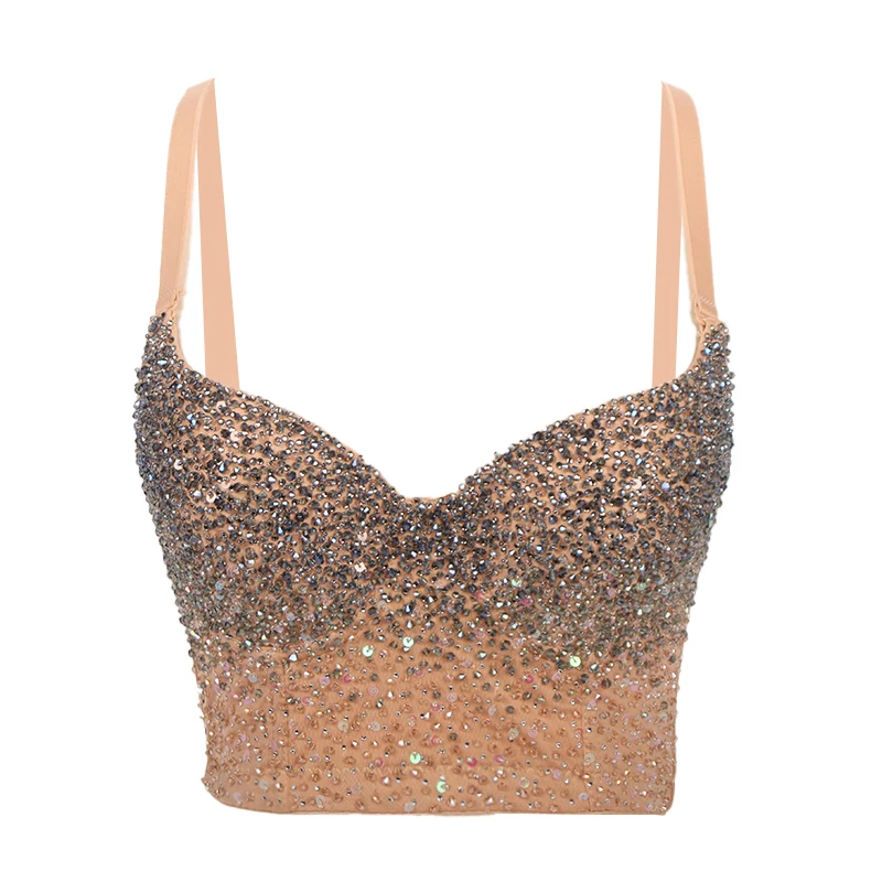 Fashion Rhinestone Sequined Champagne Corset Top Sparkling Diamond Bustier Top Sexy Body Shaper Corset with Bra