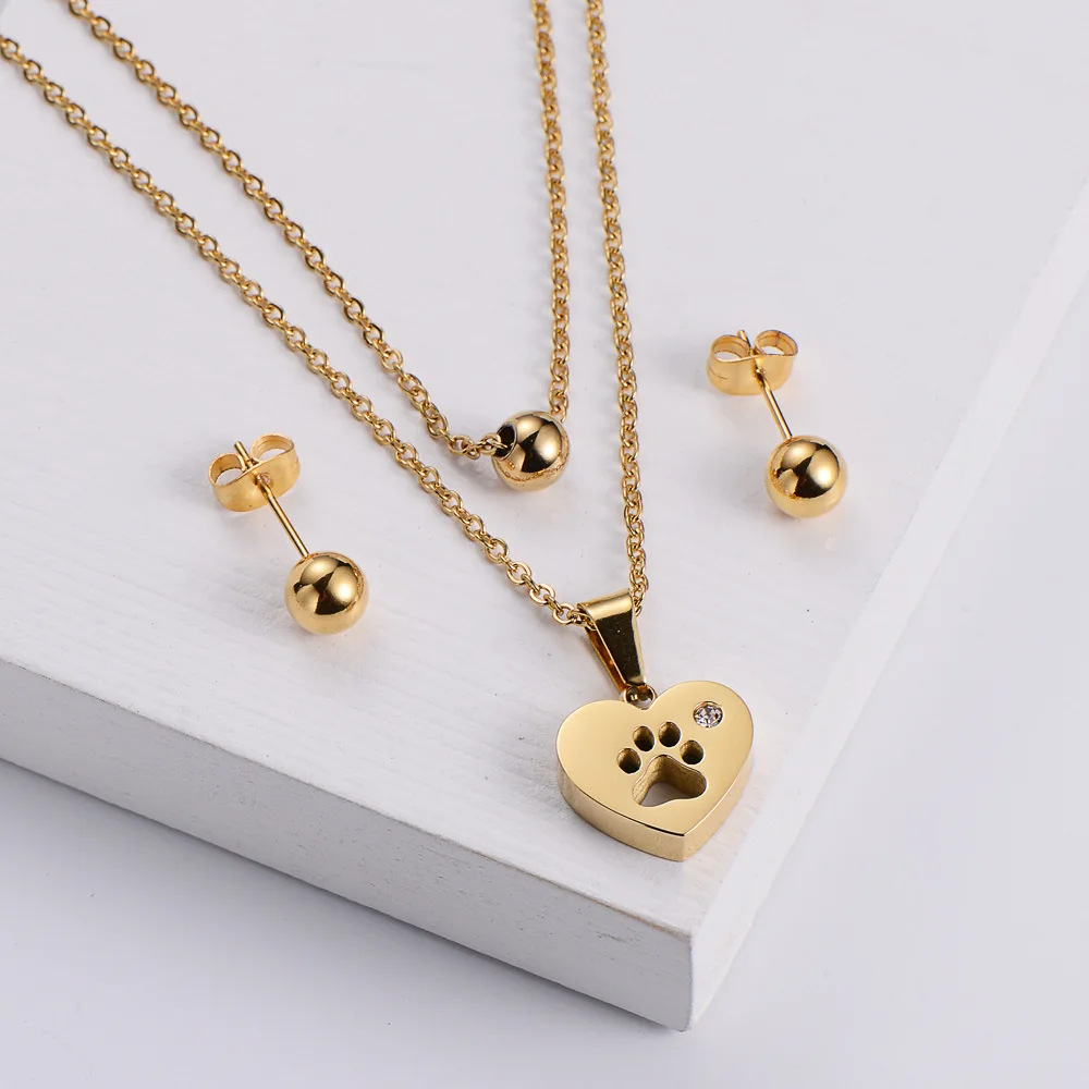 Hainon 2022 High quality stainless steel jewelry sets Heart pet Paws plated 18k gold jewelry set for women