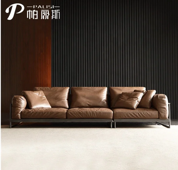 Frosted Steel Frame Leather Sofa 3-seater Italy Minimalist Style Sofa 4 seater Real Pure Leather couch chesterfield set