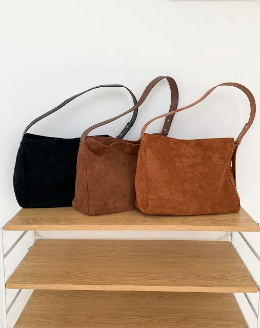 Large Capacity Casual Winter Commute Tote Messenger Shoulder Bag Tan Suede Leather Underarm Bags