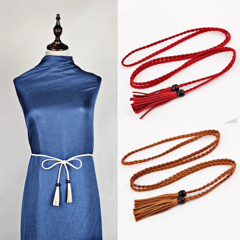 Woven Style Fabric Tassel Waistband Braided Belt Waist Rope Chain Belt Women Decorated Ladies Tassel Belts With Wood Bead