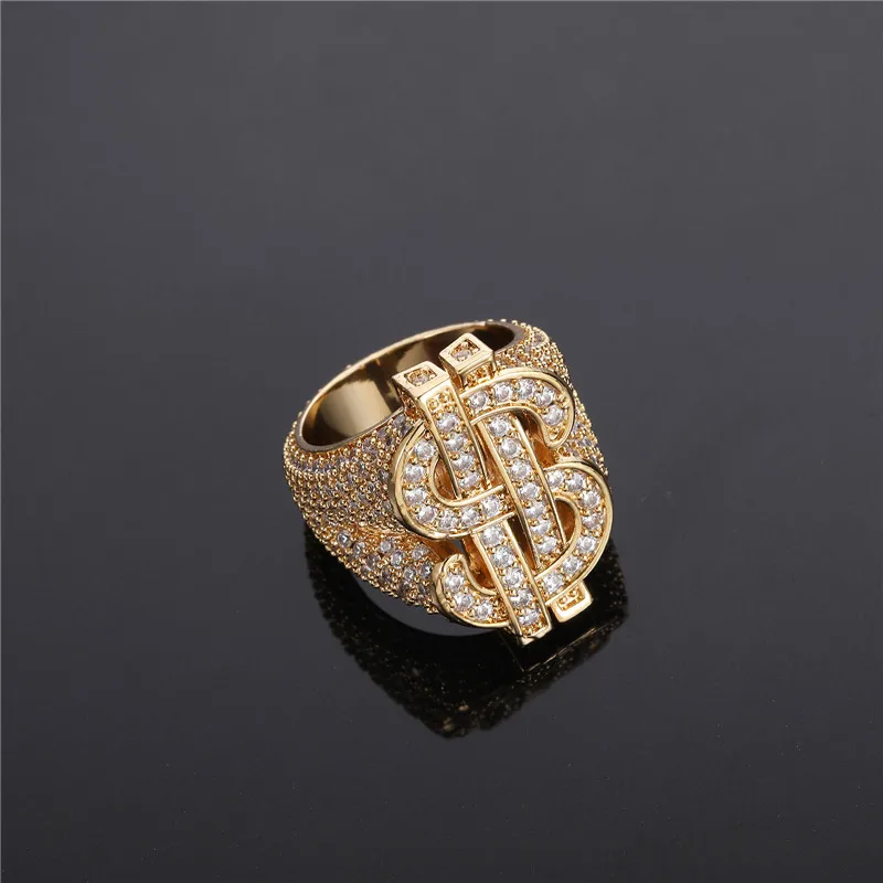 HIP Hop Classic Full Zircon CZ US Dollar Sign Ring Gold Silver Color Iced Out Charm Ring For Men Women Jewelry Size 8-10