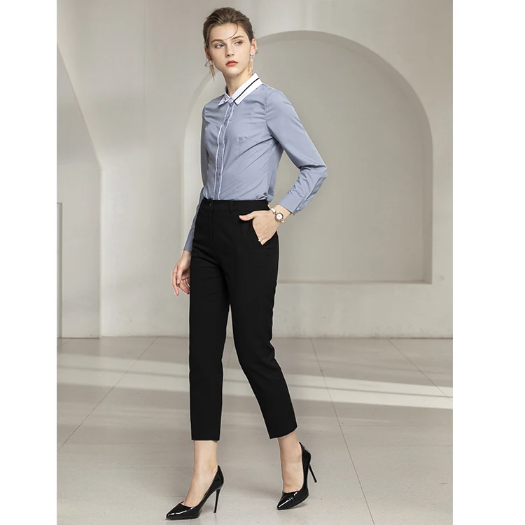 High Quality Low Factory Price Turn-down Collar Grey White Woman Formal Business Lady Office Blouse