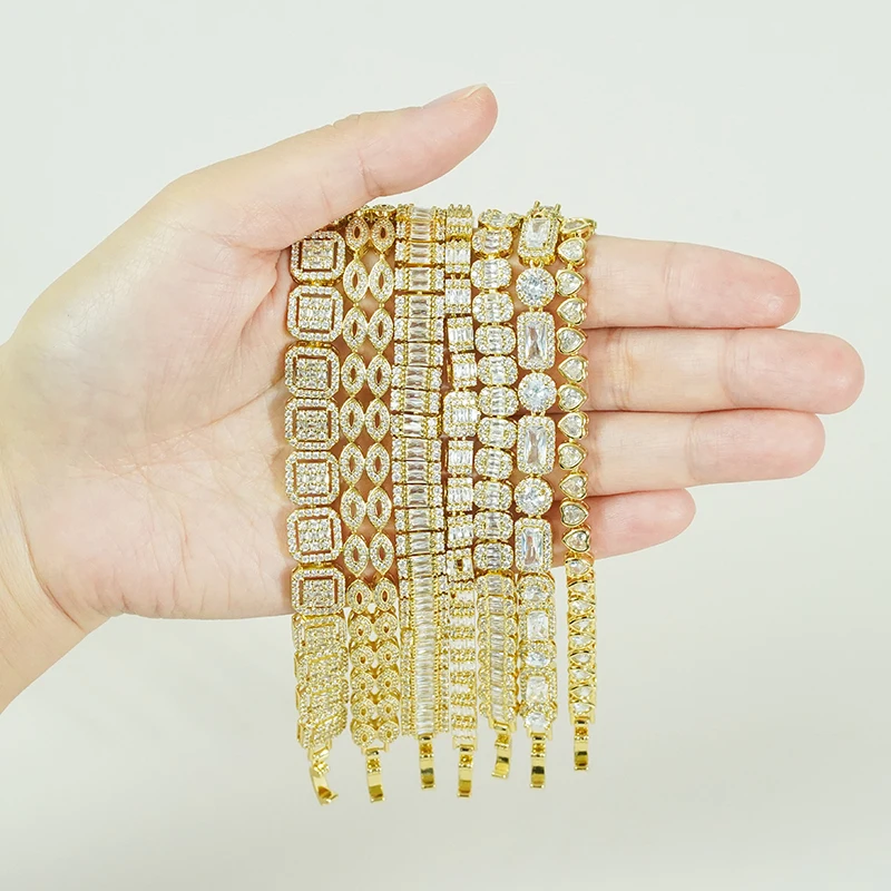 Luxury Iced Out 18K Gold Plated Brass Micro Paved Zircon Copper Adjust Beaded Charm CZ Cuban Chain Tennis Bracelet For Men Women