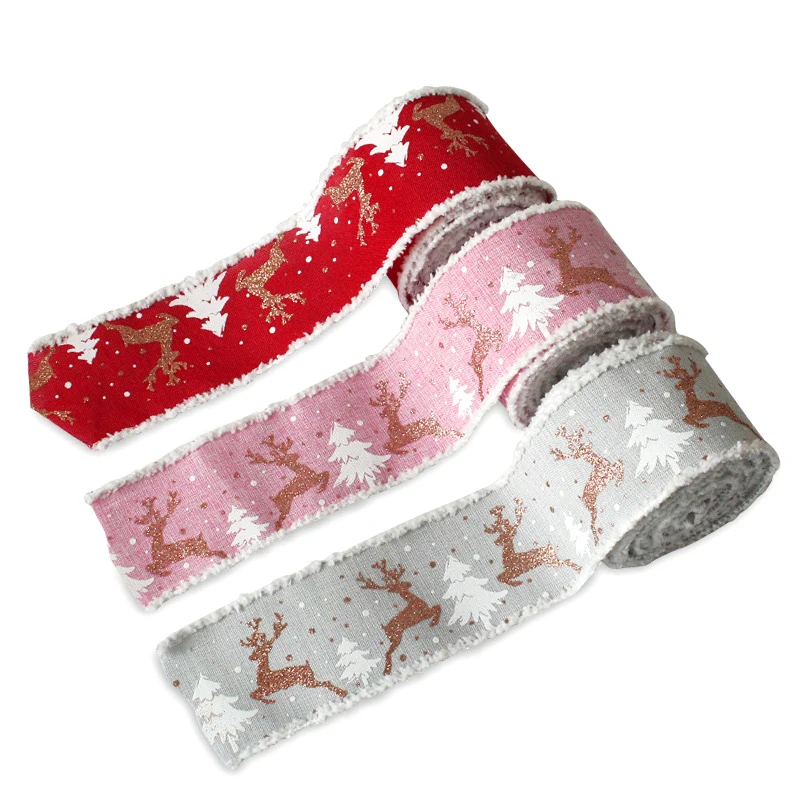 76mm Xmas bulk assorted colors polyester wired christmas green red gold silver pink colorful Santa fabric ribbon for gift box