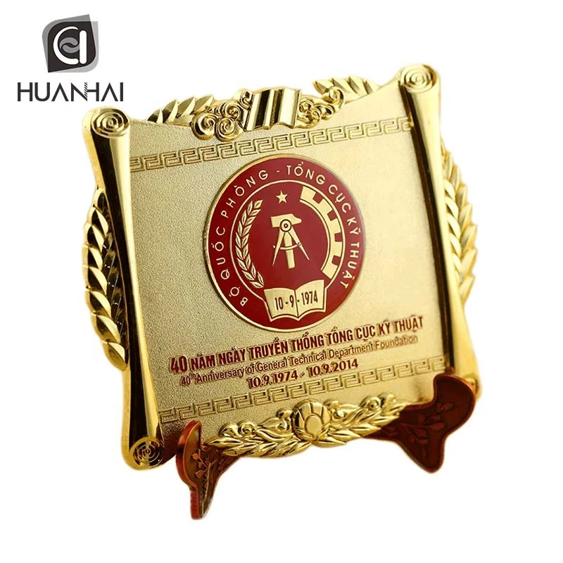 Vietnam decorative square shape souvenir honor gold plated metal plate with box