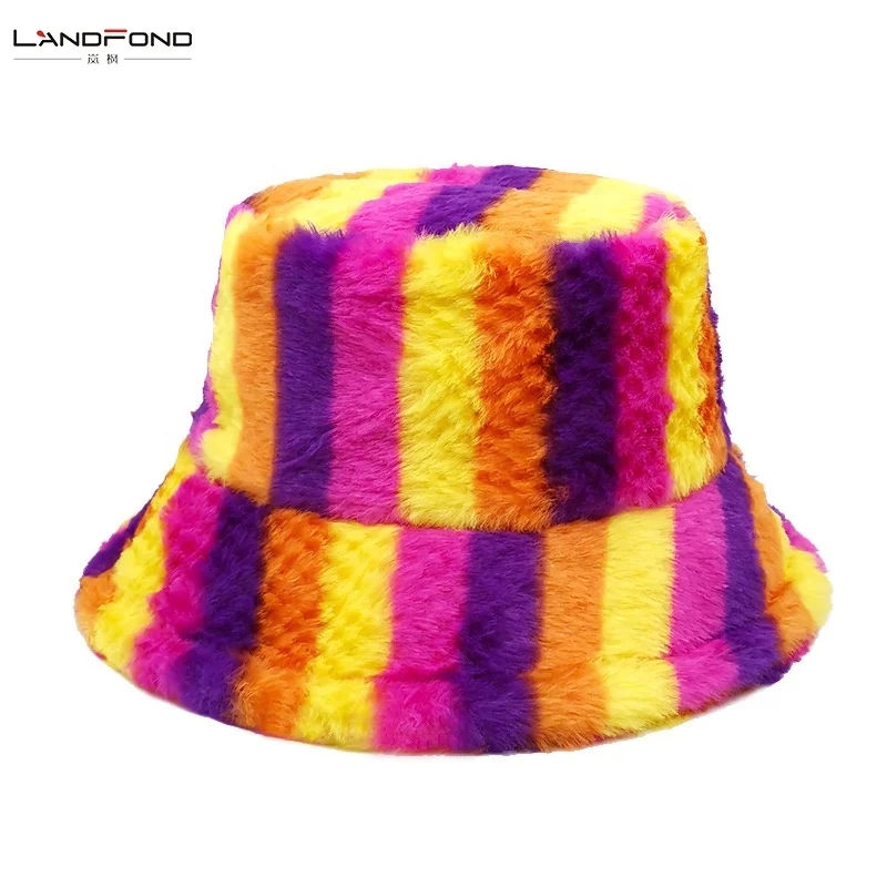 Landfond accessory Rainbow striped rabbit plush fisherman hat women winter thick warm bucket hats