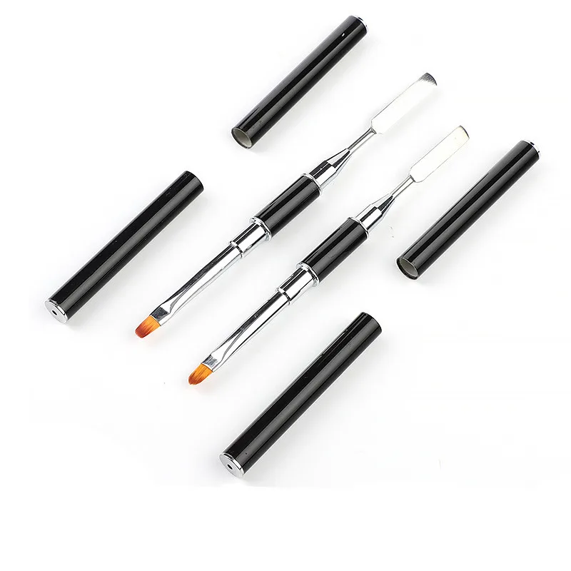 Black Metal Handle Nail Pen Double Heads Nylon Hair Gel Painting Nail Art Brush with Nail Spatula Pusher