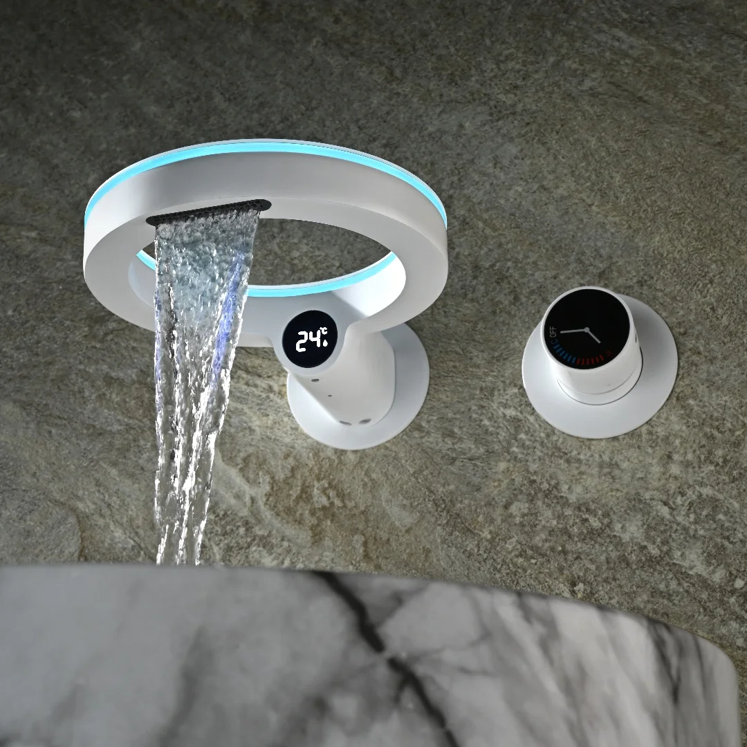 Fashion Ring Concealed Bathroom Faucet Water Temperature Digital Display LED Luminous Edge Waterfall Spout Basin Faucet