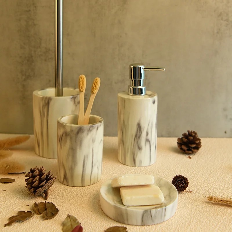 High Quality 5pcs Marble Polyresin Bathroom Set With Matching Luxury Bath Decor Set