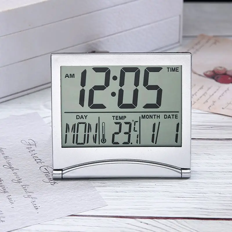 Folding Portable Desk Digital Lcd Alarm Clock With Calendar Temperature Thermometer Led Foldable Slim Clock For Travel