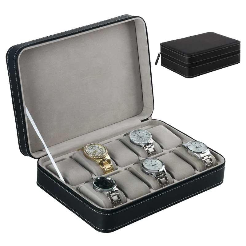 OEM logo luxury portable 10 slots personalized zippered leather travel case watch