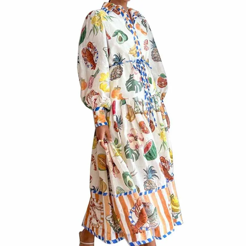 Summer Floral Print Casual lapel Neck Puff long Lantern Sleeve Ruffled Women dress Irregularity long Dress with belt For Women