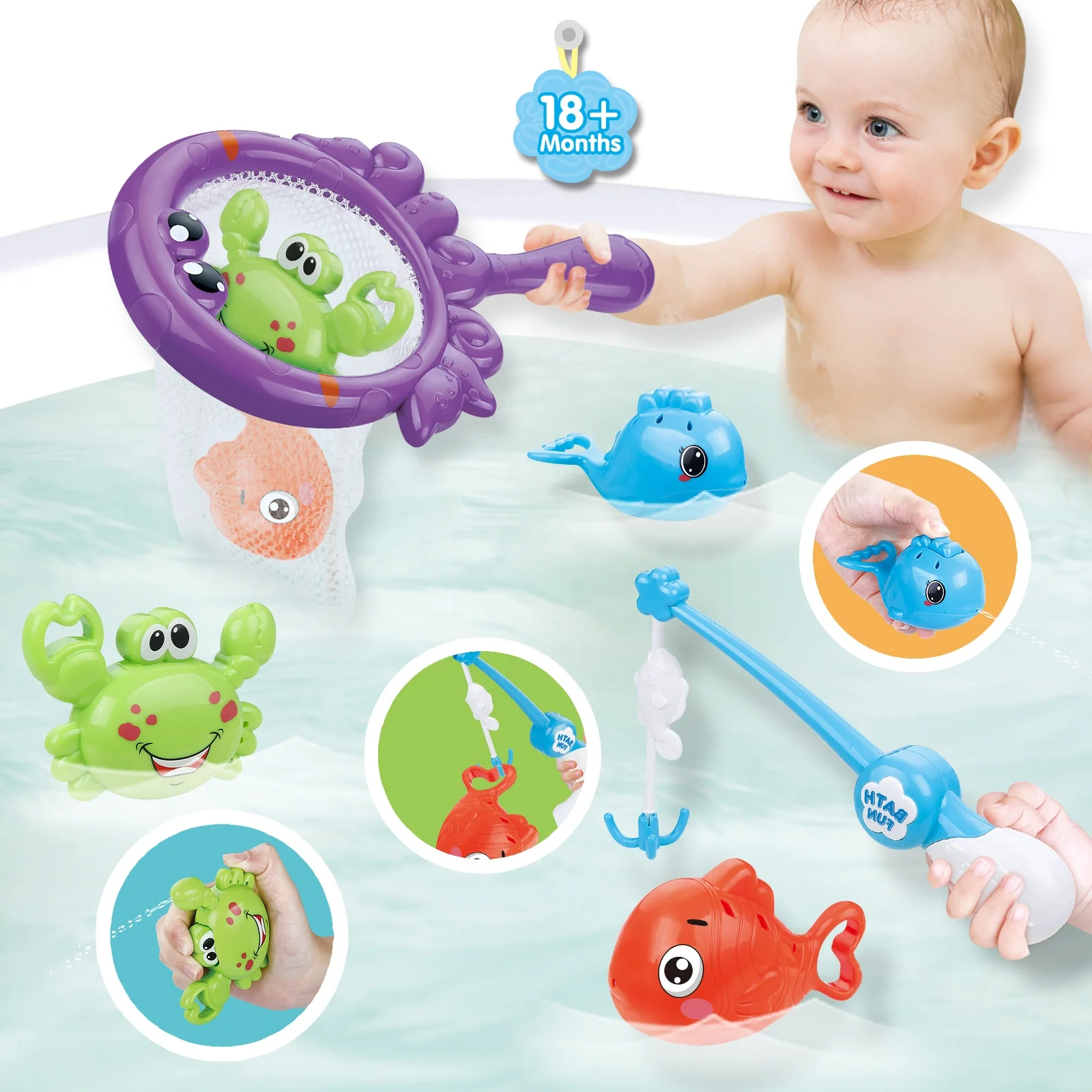 Игрушки для ванны 5pk малышей детские игры рыбалки с крабами ловли воды рыбы удочки и сетка