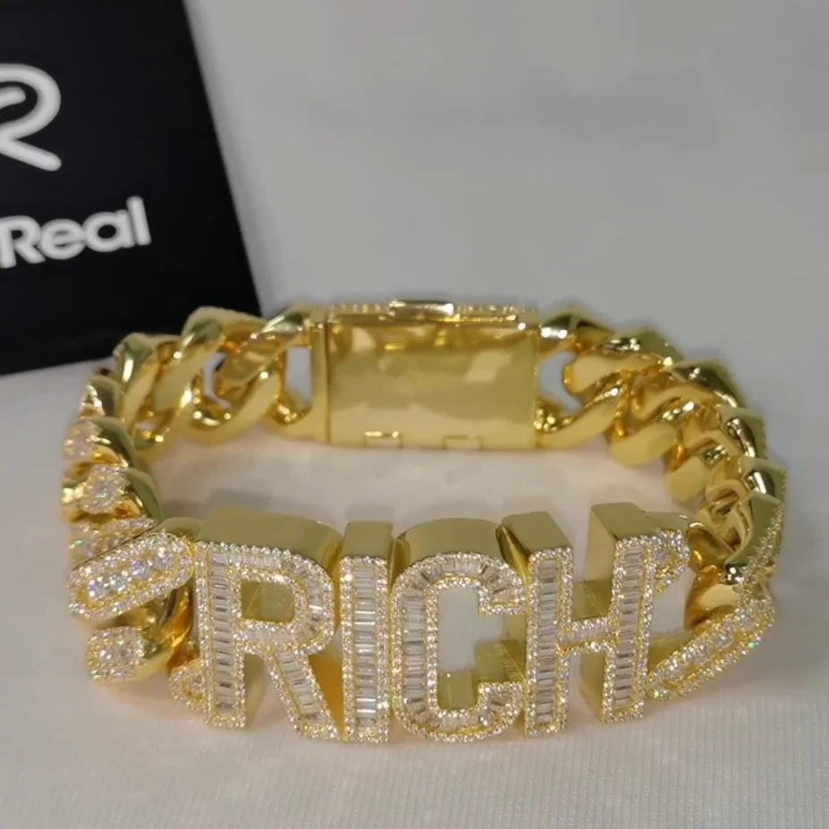 Custom Name Letter Cuban link Chain Bracelet Pass Diamond Tester VVS Ice Out Moissanite Silver Gold Plated Fine Jewelry For Man