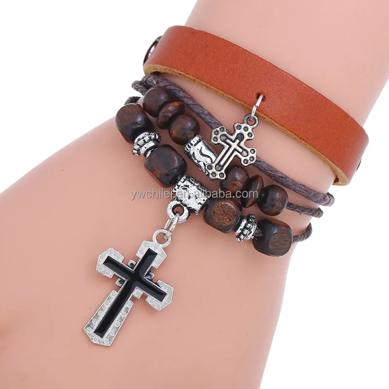 Men and Women Vintage Cross Beaded Braided Black Punk Adjustable Wrap Cuff Bracelet