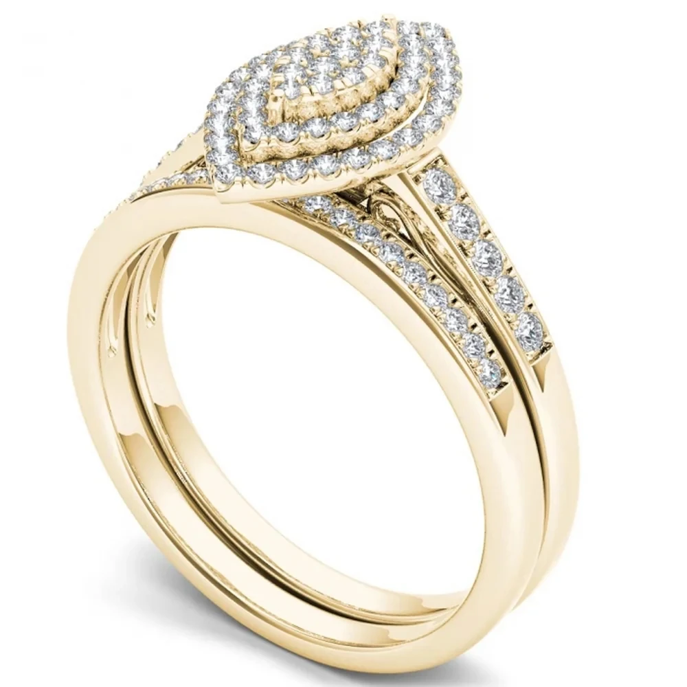 925 Sterling Silver 14k Yellow Gold 13ct CZ Marquise Shape Halo Engagement Ring Set