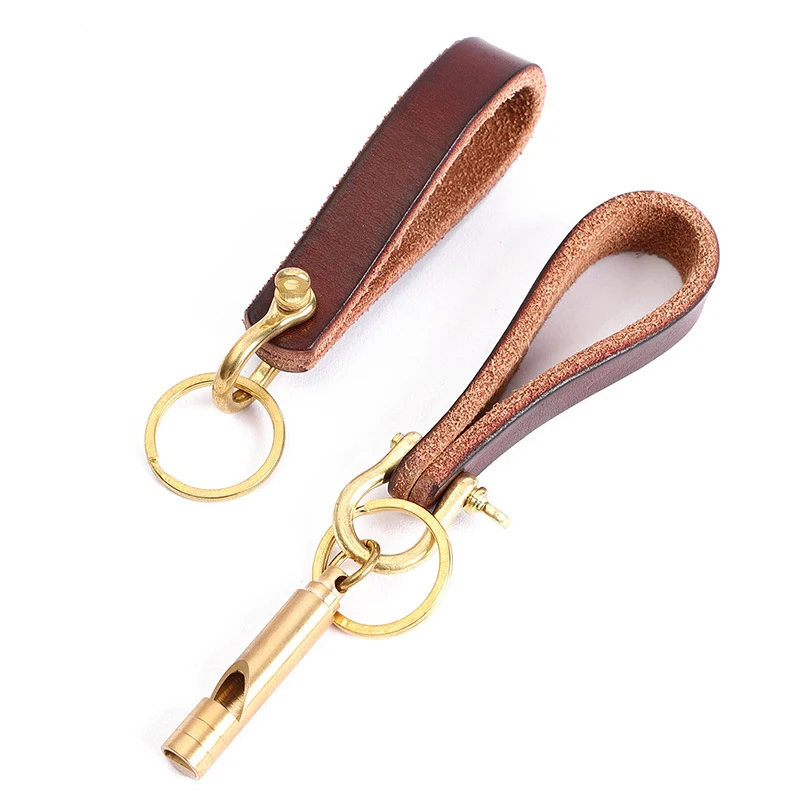 Genuine Cow Leather Keychain Metal Keyring Pendant  Key Chain Keys Holder Multifunctional keychain with survival whistle