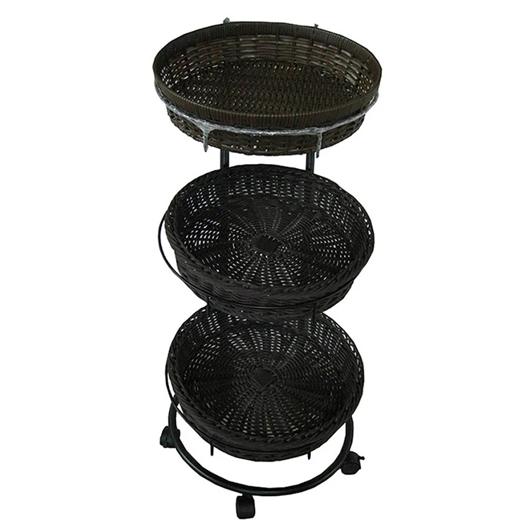 Hot sale  removable  round 3-tier  store meta wire  display rack  fruit display wire display rack bread with rattan baskets