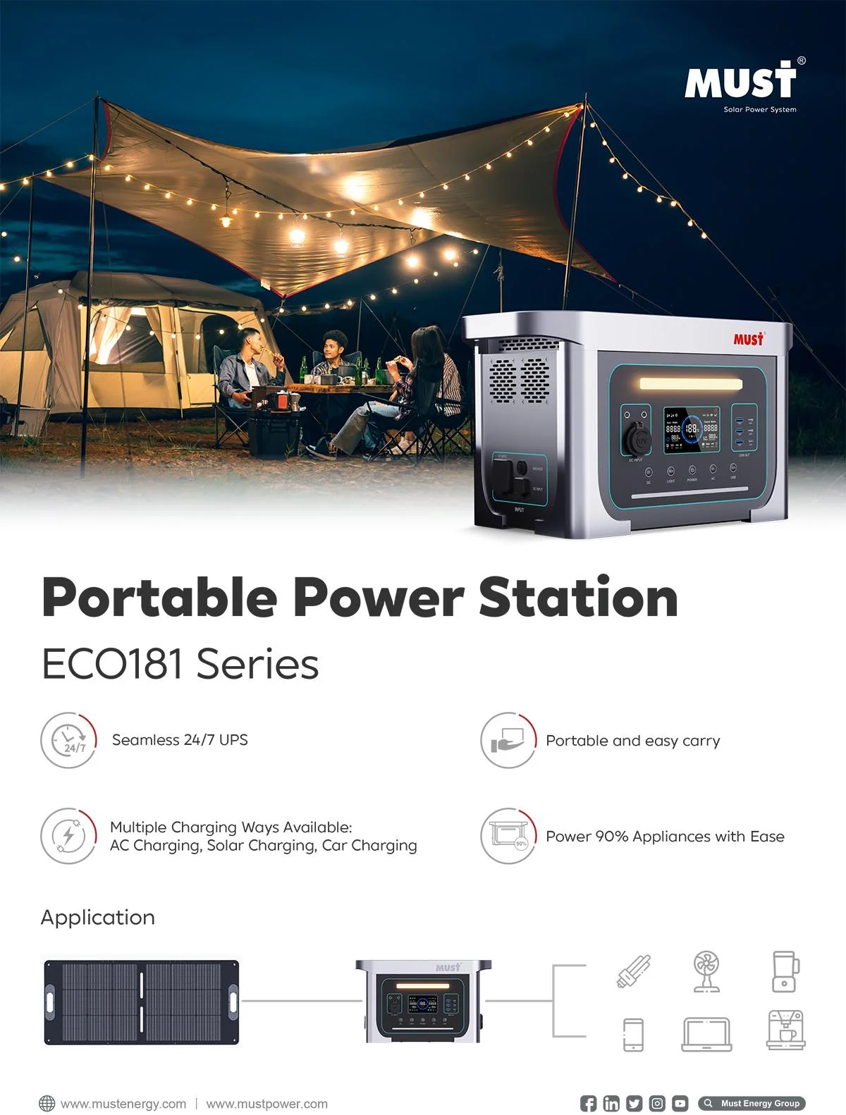 MUST brand power station rated power 1000w output  built in LiFePO4 battery 1331WH with bluetooth wireless phone charger
