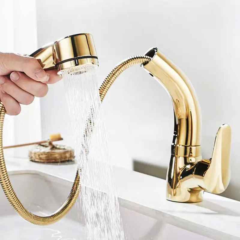 Height Adjustable Expandable Single Handle Basin Kitchen Sink Faucet With Pull Out Sprayer