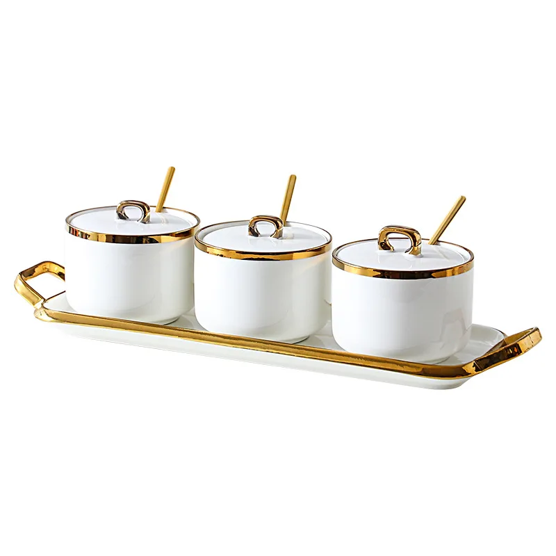 Nordic Luxury 3pcs Kitchen Home Salt Sugar Pepper Seasoning Box Set Ceramic Spice Jar Pot with Spoons