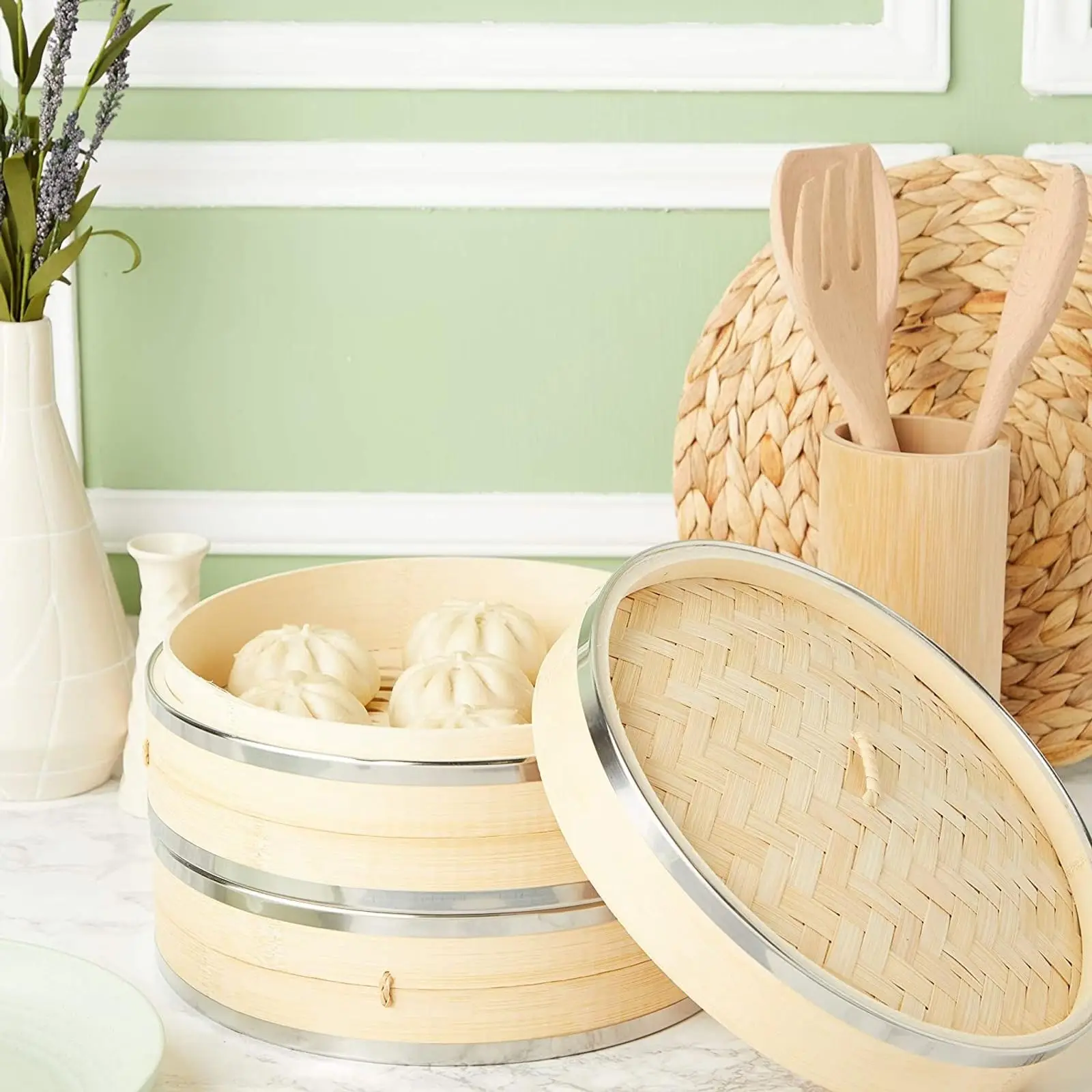 Wholesale 2 Tier  10 Inch Bamboo Steamer Basket for Kitchen,Large Capacity Dumpling,Vegetable Steamer Basket with Steel Rings