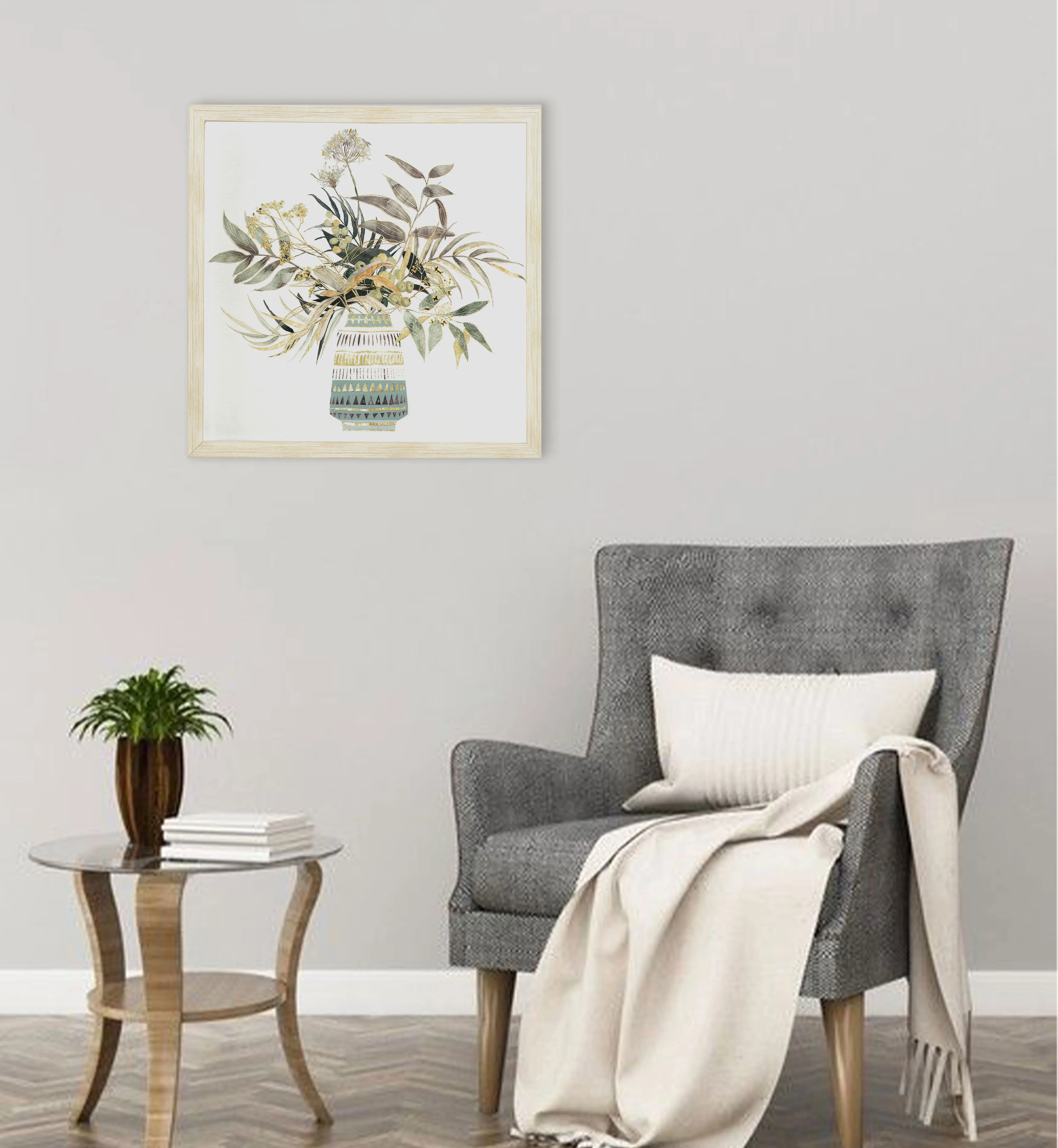 Custom 43*43 cm Framed 3D Printed Vase Flower Still Life Canvas Prints Wall Art With Gold Lines