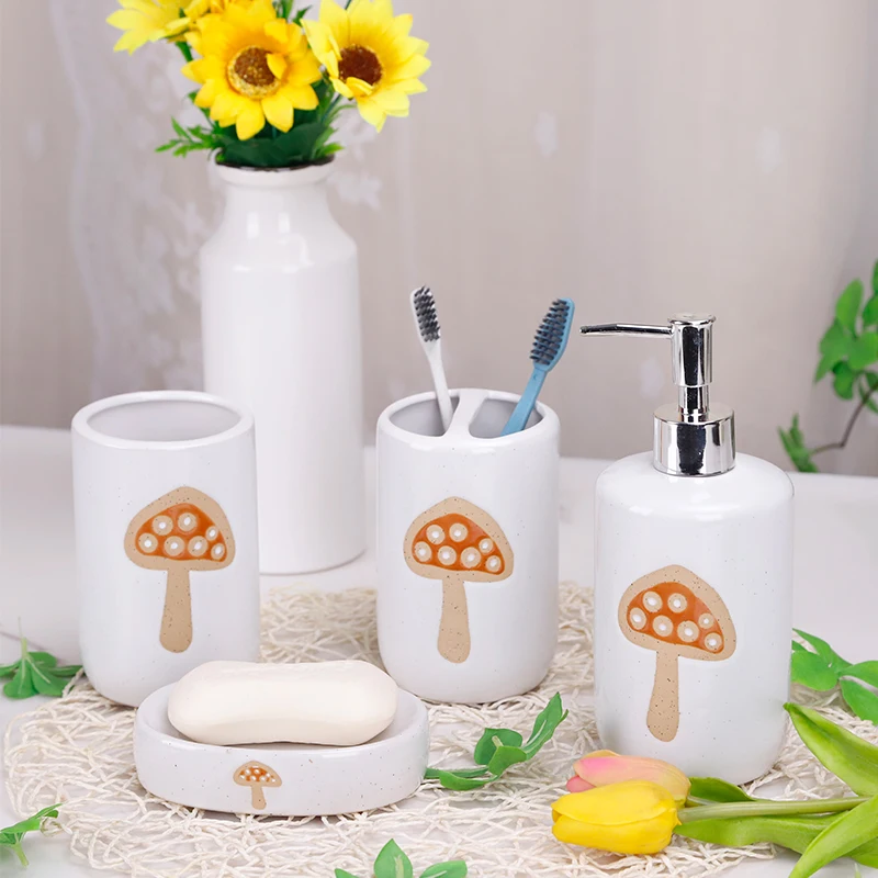 Redeco New Arrival Mushroom Toiletries Set White Soap Dish Toothbrush Holder Soap Dispenser Set Ceramic 4 Piece Bathroom