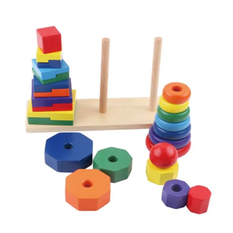 Geometric Shape Blocks Shape Sorter Toys Wooden Column Shape Stacking Tower
