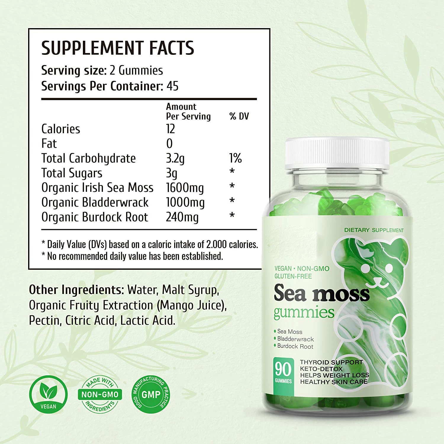 Organic Sea Moss Gummies Vegan Keto Superfoods Immune Boosting Irish Sea Moss gummies Gel Powder Burdock Root Diet Supplements