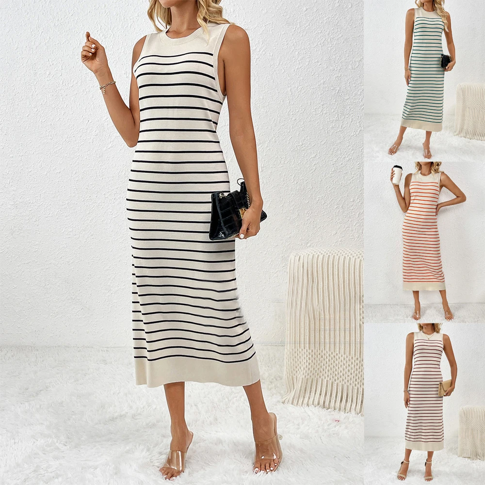 2024 Summer Fashion Wholesale Slim Loose Women Knit Striped Plus Size Sexy Maxi Dress Sweater