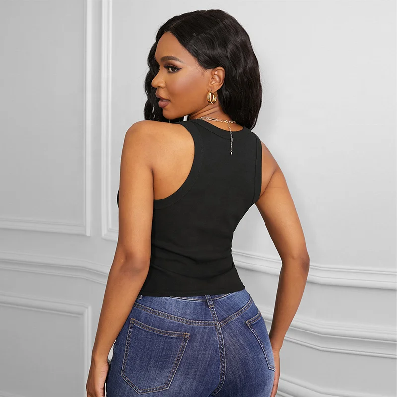 custom your own rhinestone design knitted crop tank tops sleeveless o-neck flexible slim Women