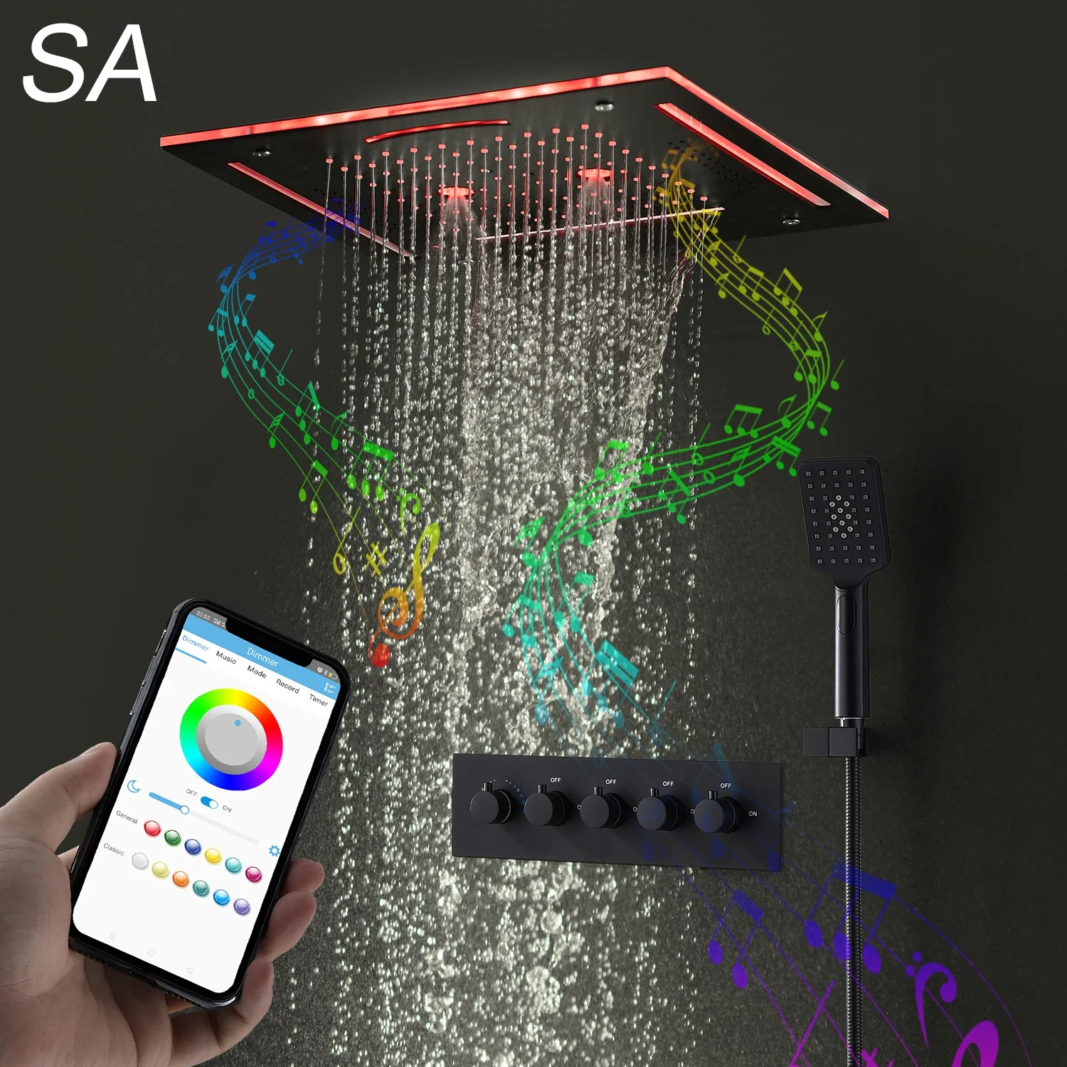 Luxury Bathroom Shower LED Black Stainless Steel Rain Shower Head Wall Mounted Tub Faucet Telephone Bluetooth Music Shower Set