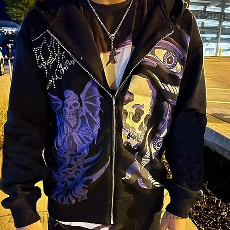 Custom High Quality Rhinestone Skull Purple Printed Streetwear Oversized Cotton Casual Zip Up Goth Jacket Hoodies For Men