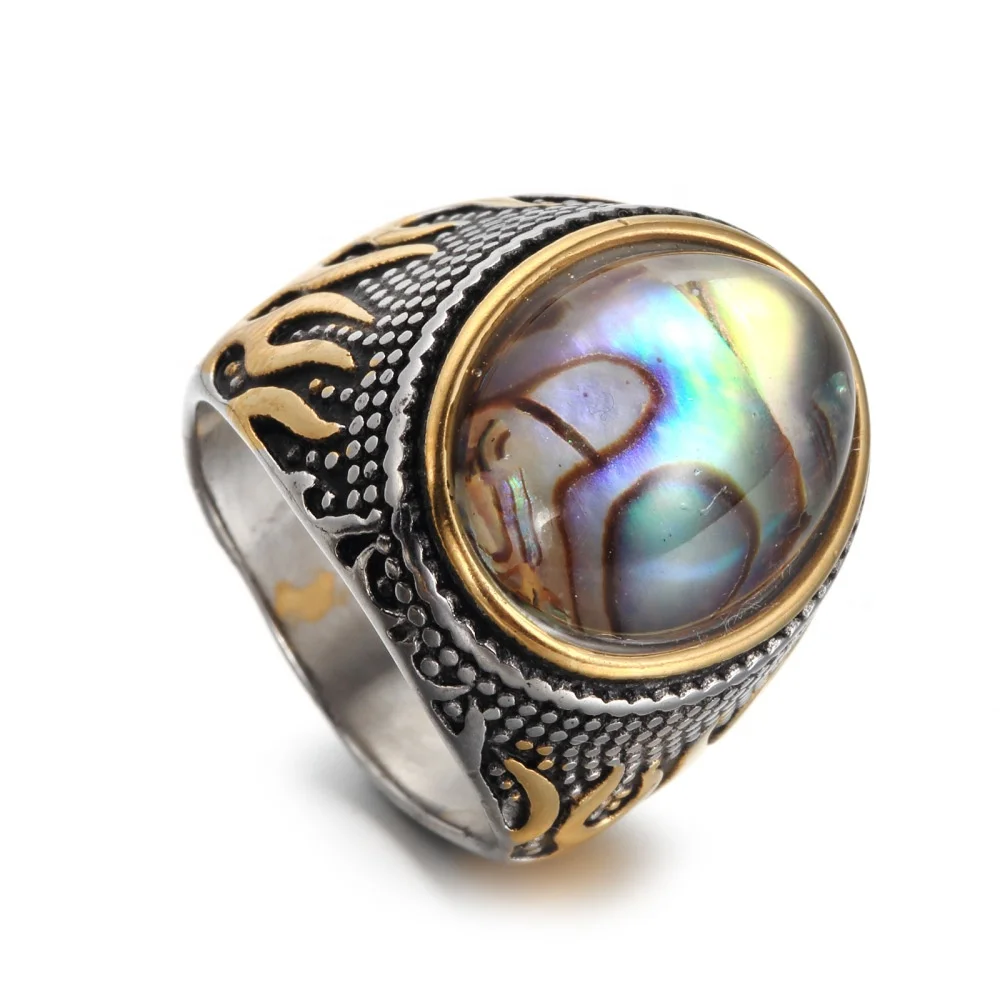 Fine jewelry natural gemstones purple shell tiger eye stone inlay fire stainless steel ring men jewelry wholesale