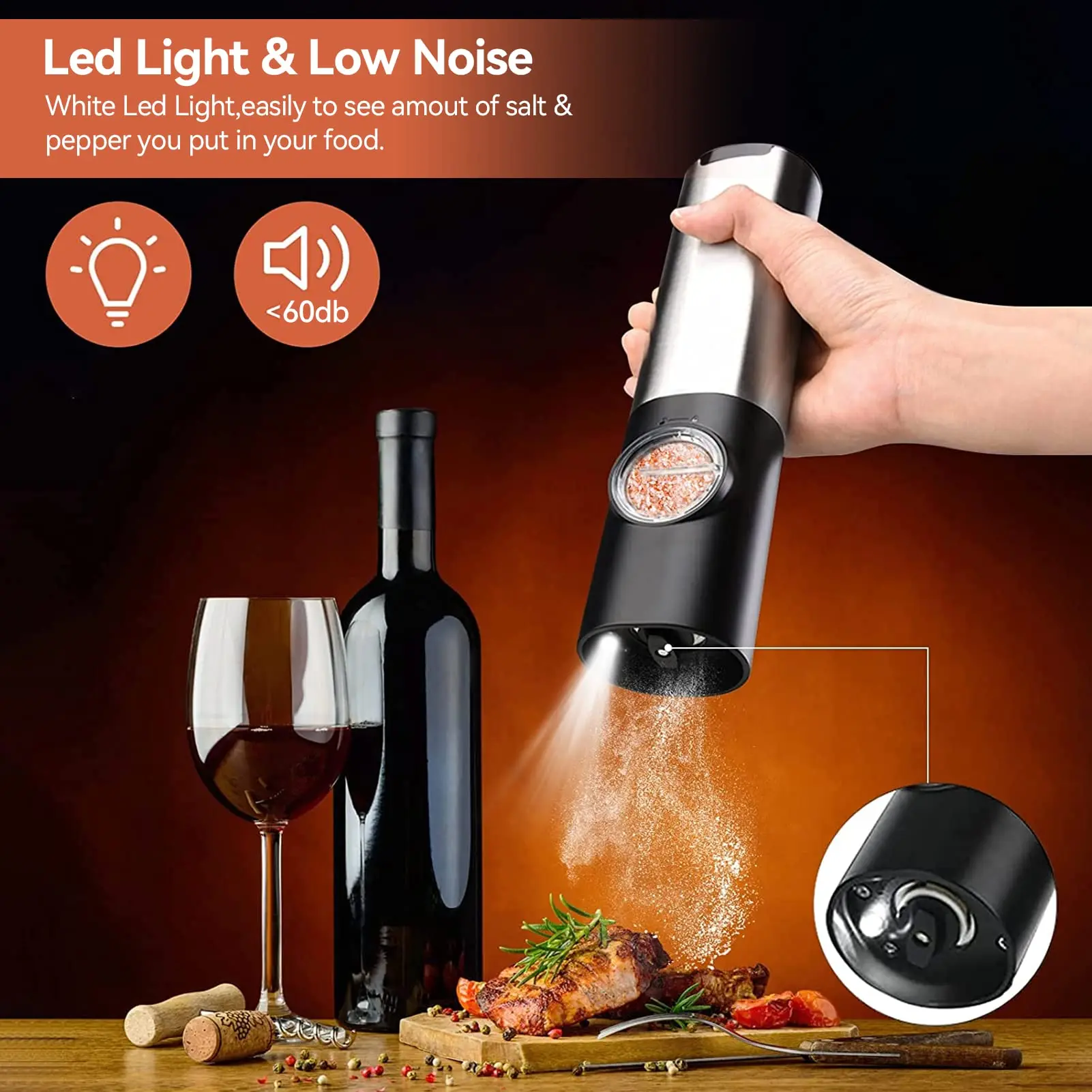 Stainless Steel Automatic Pepper Grinder  Electric Salt Grinder Pepper Mill Set Gravity Sensor Spice Grinders