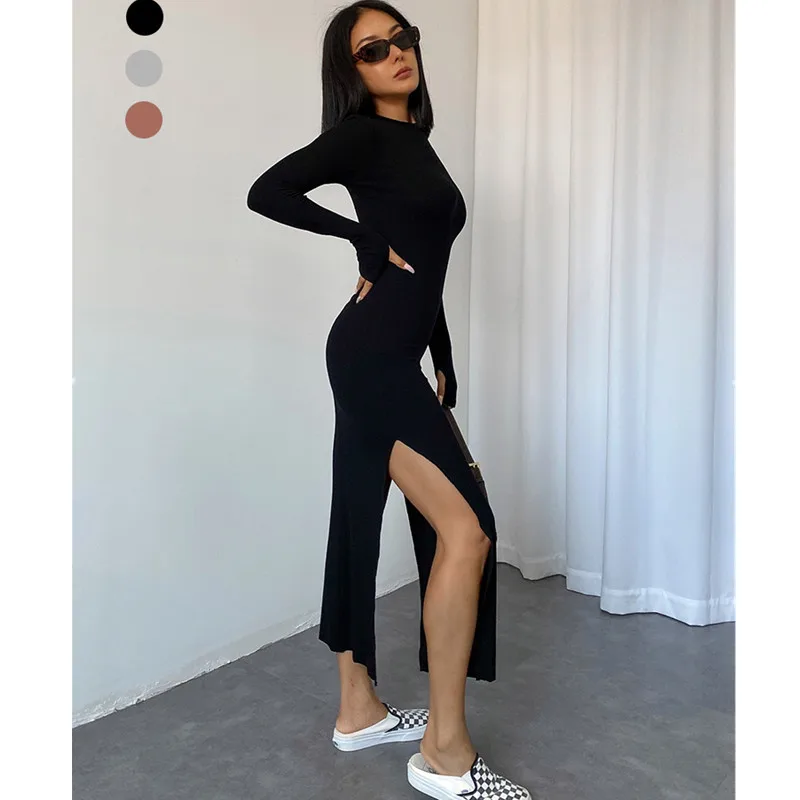 2022 Womens Wholesale Casual Cotton Fall Solid Color Fashion Dresses Long Sleeve Women Bodycon Dresses Sexy & Club Autumn Adults