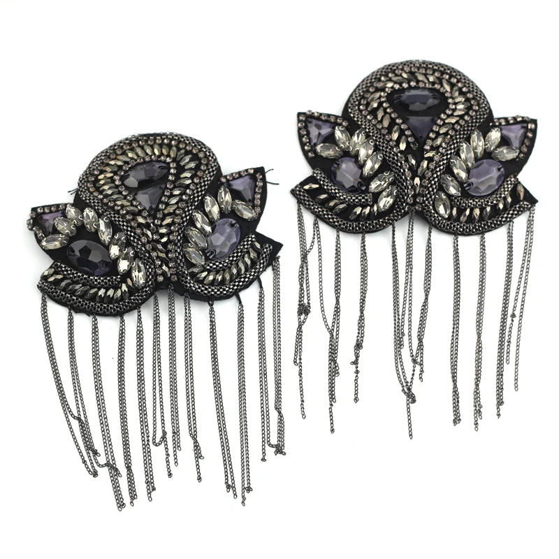 Clear Triangle crystal 3D Handmade beading patches applique pairs with chain fringe for garment shoulder embellishment