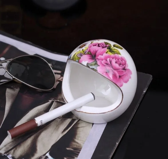 Hot sell egg shape ceramic ashtray with rose flower printing