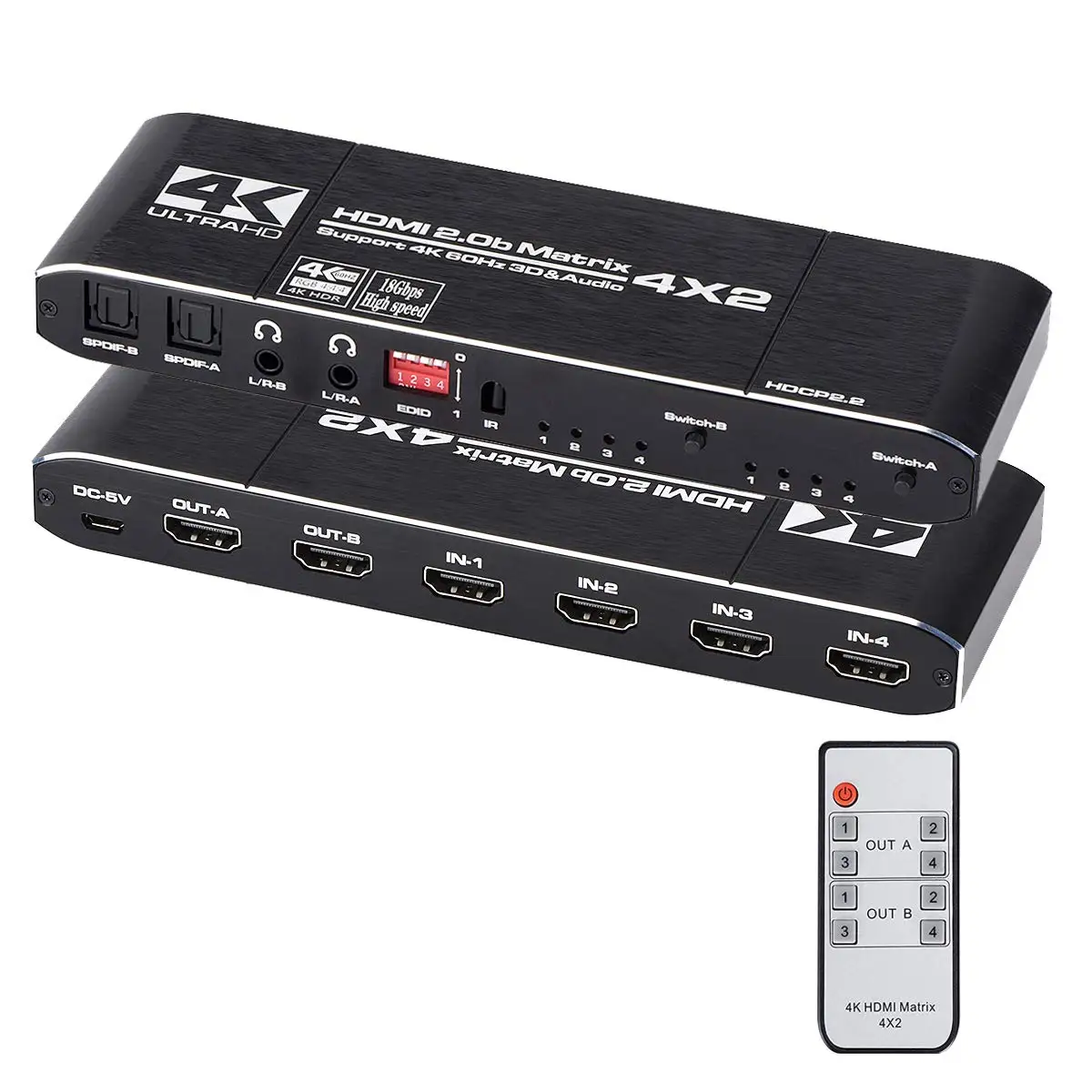 4K HDMI Matrix 4x2 4 in 2 Out HDMI2.0b Switcher Splitter + Optical and L/R Audio Output, Scaler EDID with Remote